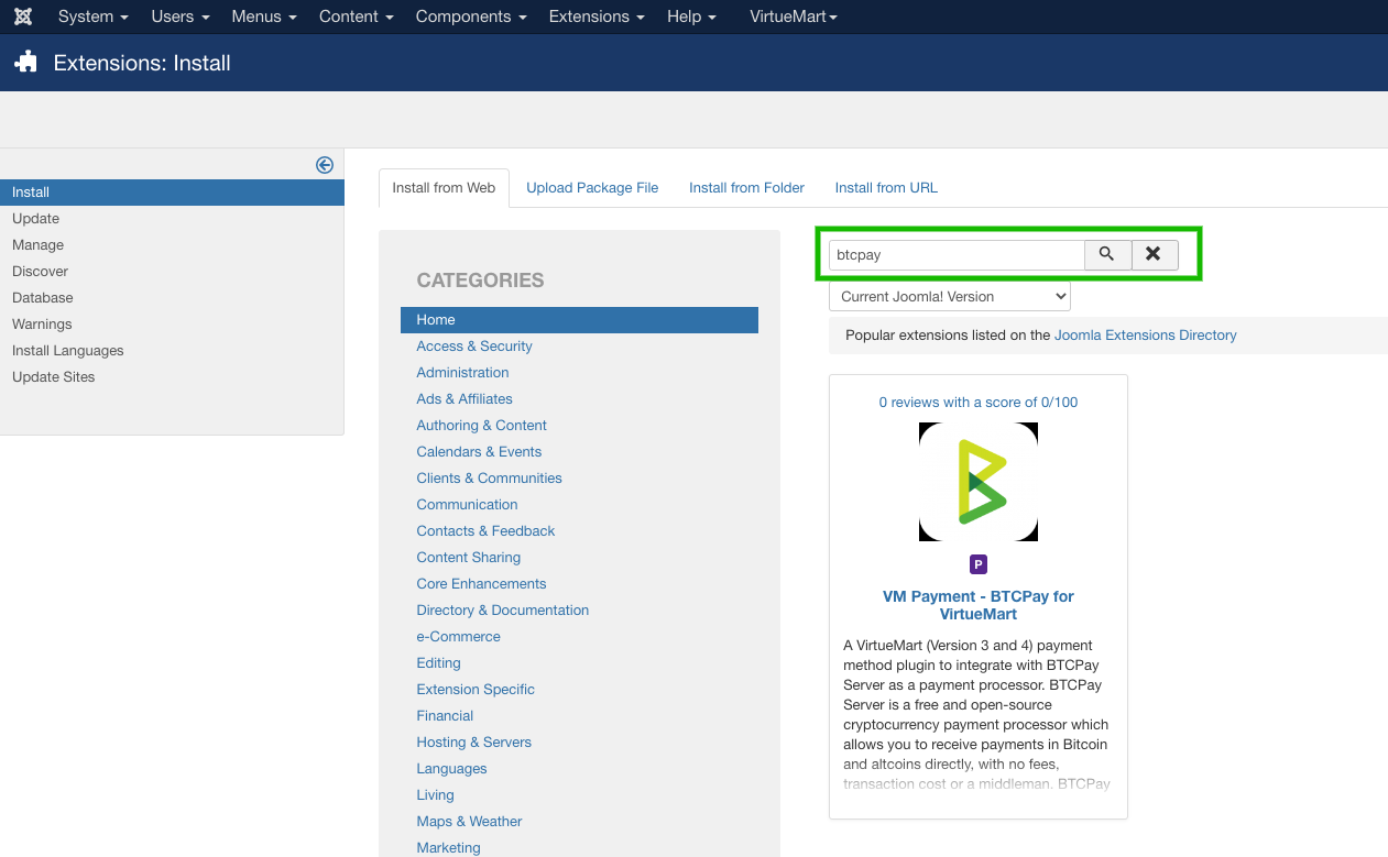 BTCPay Virtuemart: Plugin installation web