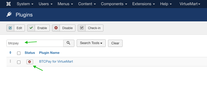 BTCPay Virtuemart: Enable plugin