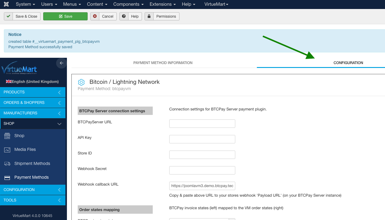 BTCPay Virtuemart: Payment method configuration tab