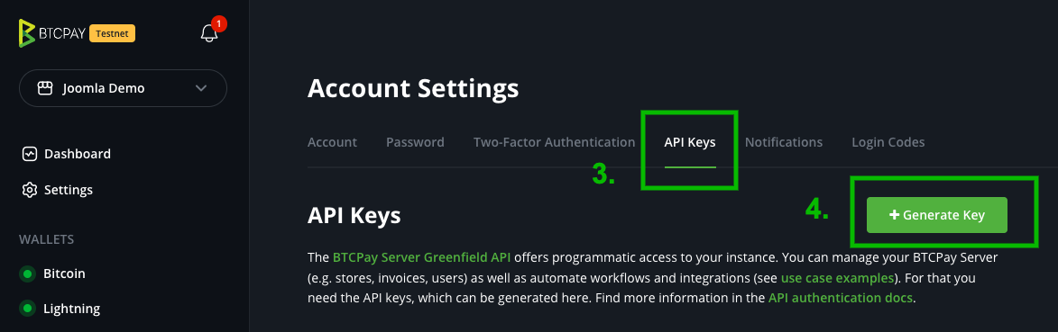 BTCPay Joomla VirtueMart: API Keys overview