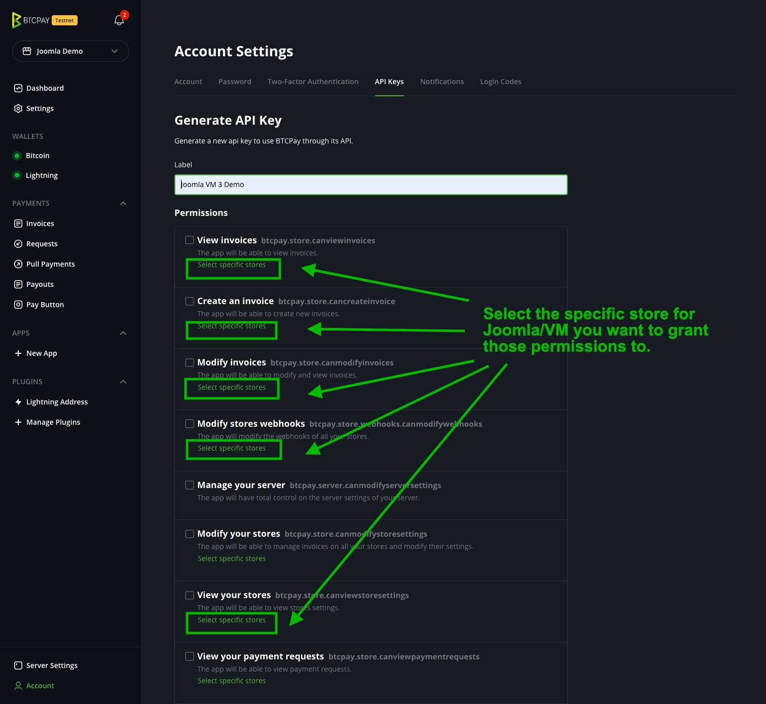 BTCPay Joomla VirtueMart: API Keys Permissions