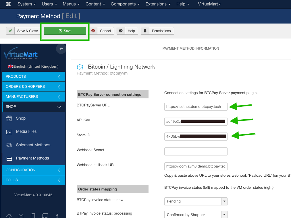 BTCPay Joomla VirtueMart: Save VirtueMart Settings form