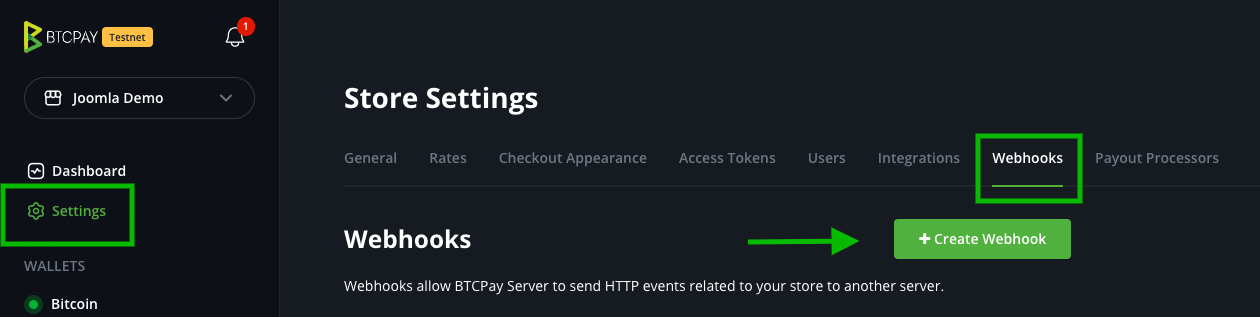 BTCPay Joomla VirtueMart: Create webhook