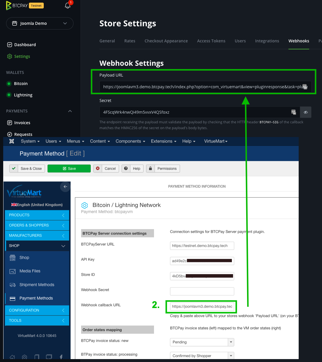 BTCPay Joomla VirtueMart: Webhook payload URL