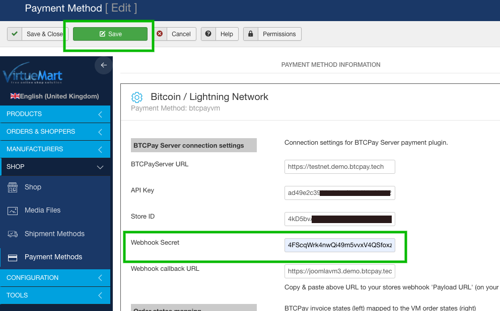 BTCPay Joomla VirtueMart: Webhook VM save configuration