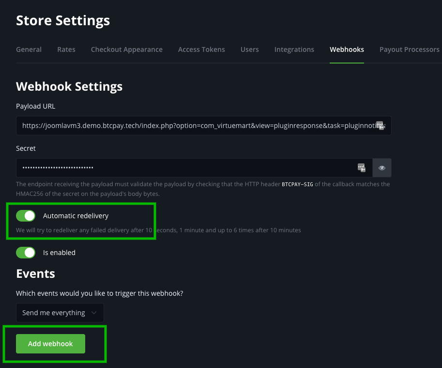 BTCPay Joomla VirtueMart: Webhook payload URL