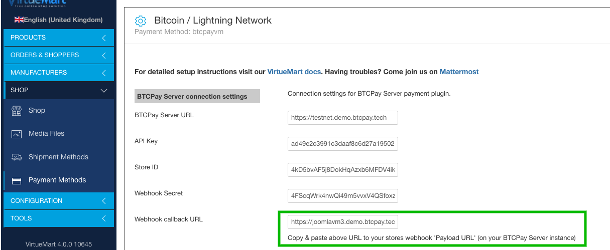 BTCPay Joomla VirtueMart: Webhook payload URL