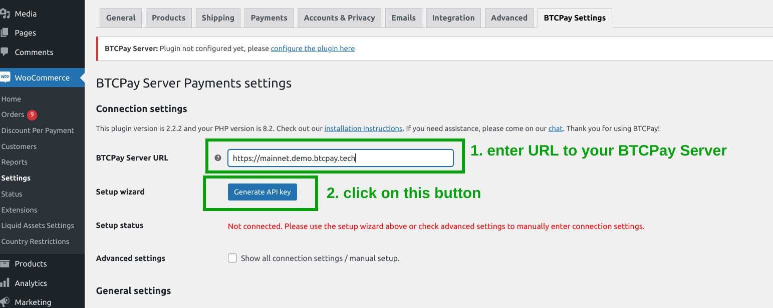 BTCPay WordPress V2: Link to BTCPay Settings