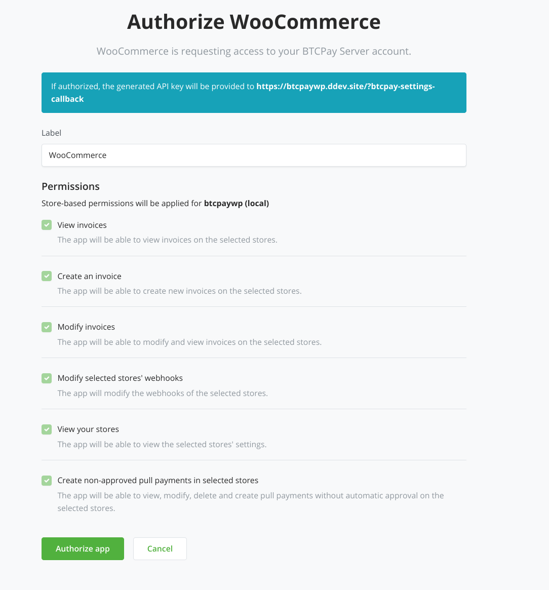 BTCPay WordPress V2: Click on authorize app