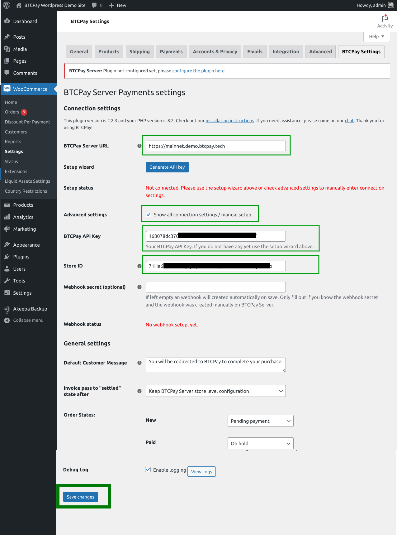 BTCPay WordPress V2: Save BTCPay Settings form