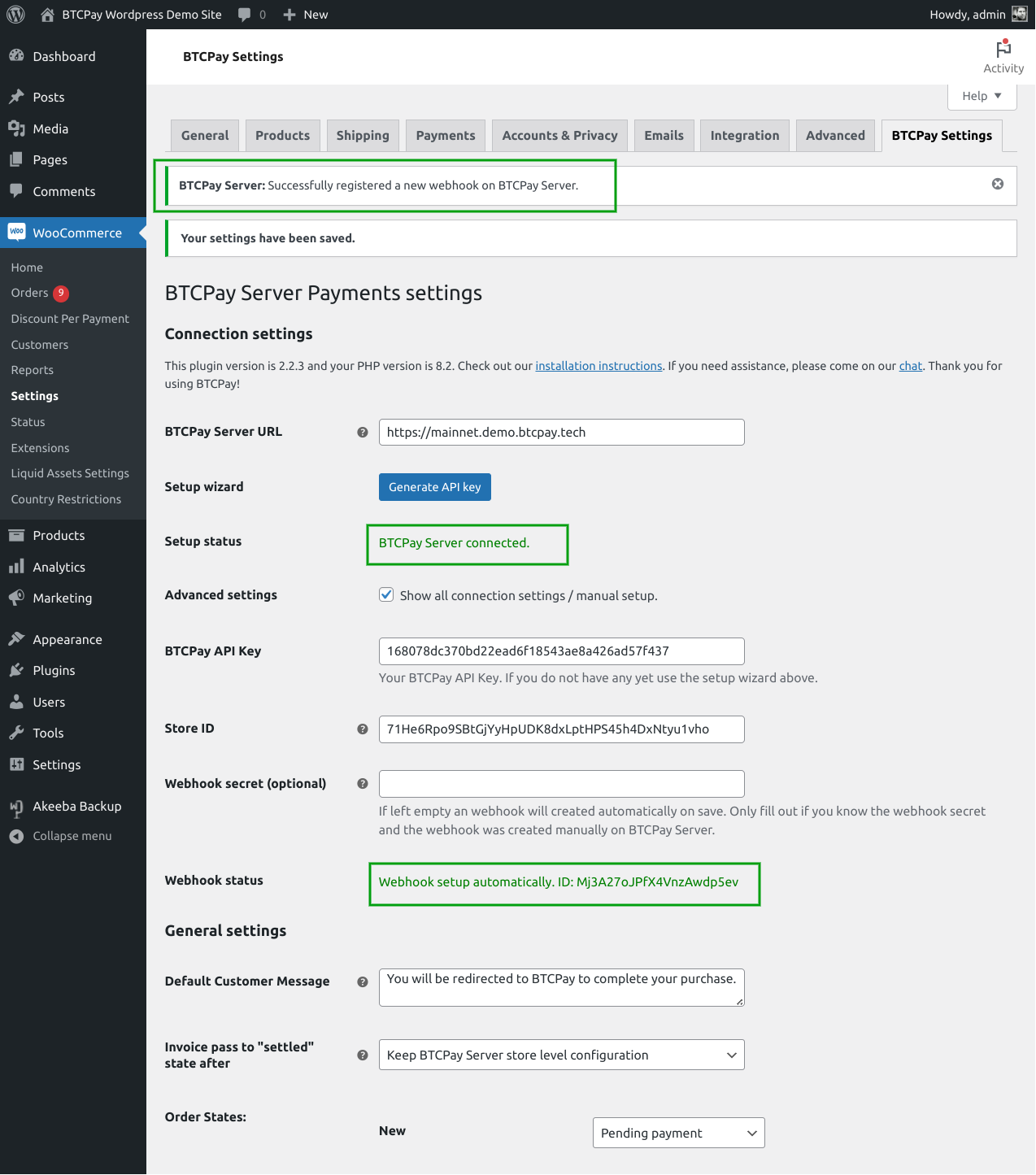 BTCPay WordPress V2: Save BTCPay Settings form saved