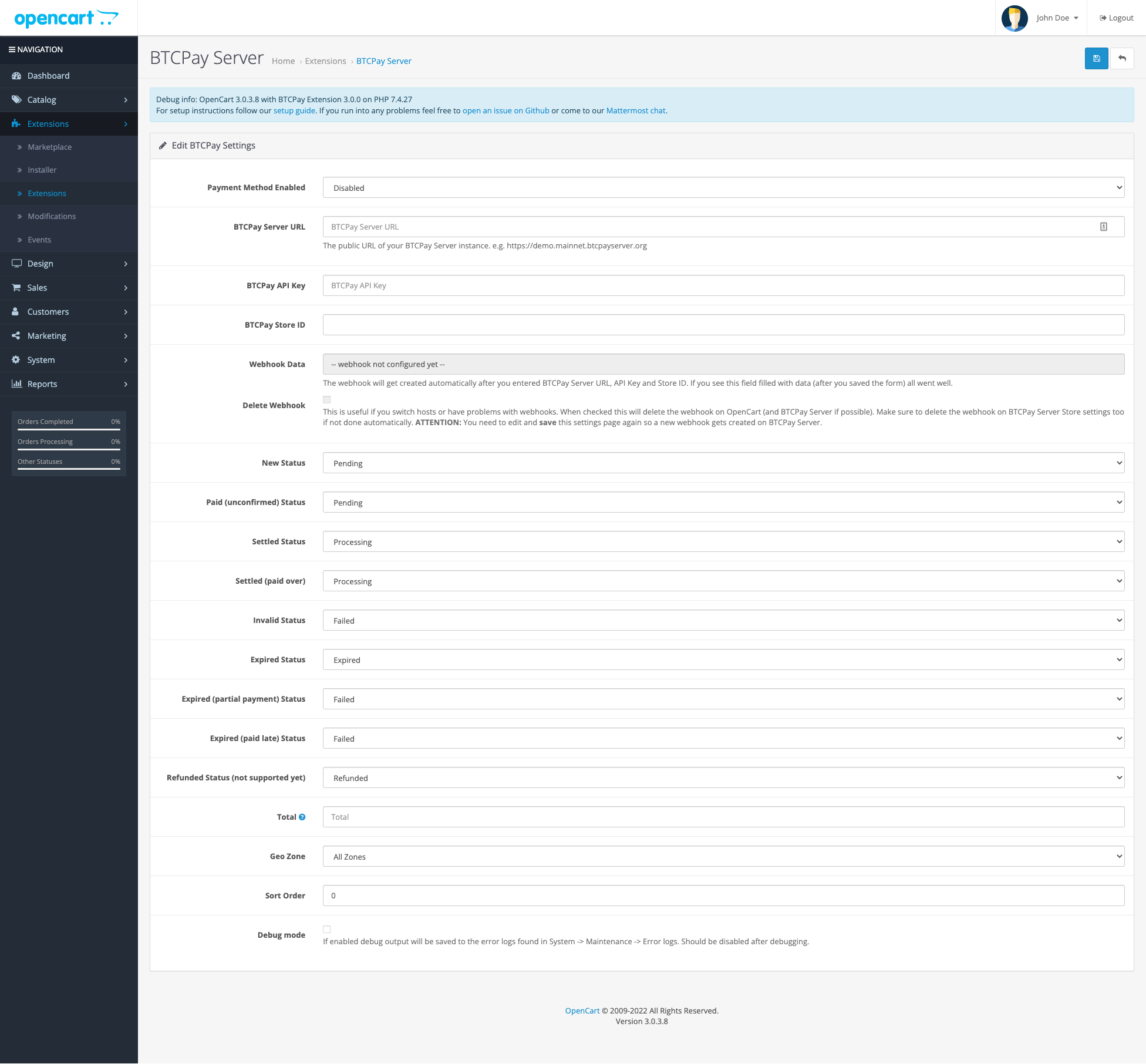 BTCPay OpenCart: Payment method details