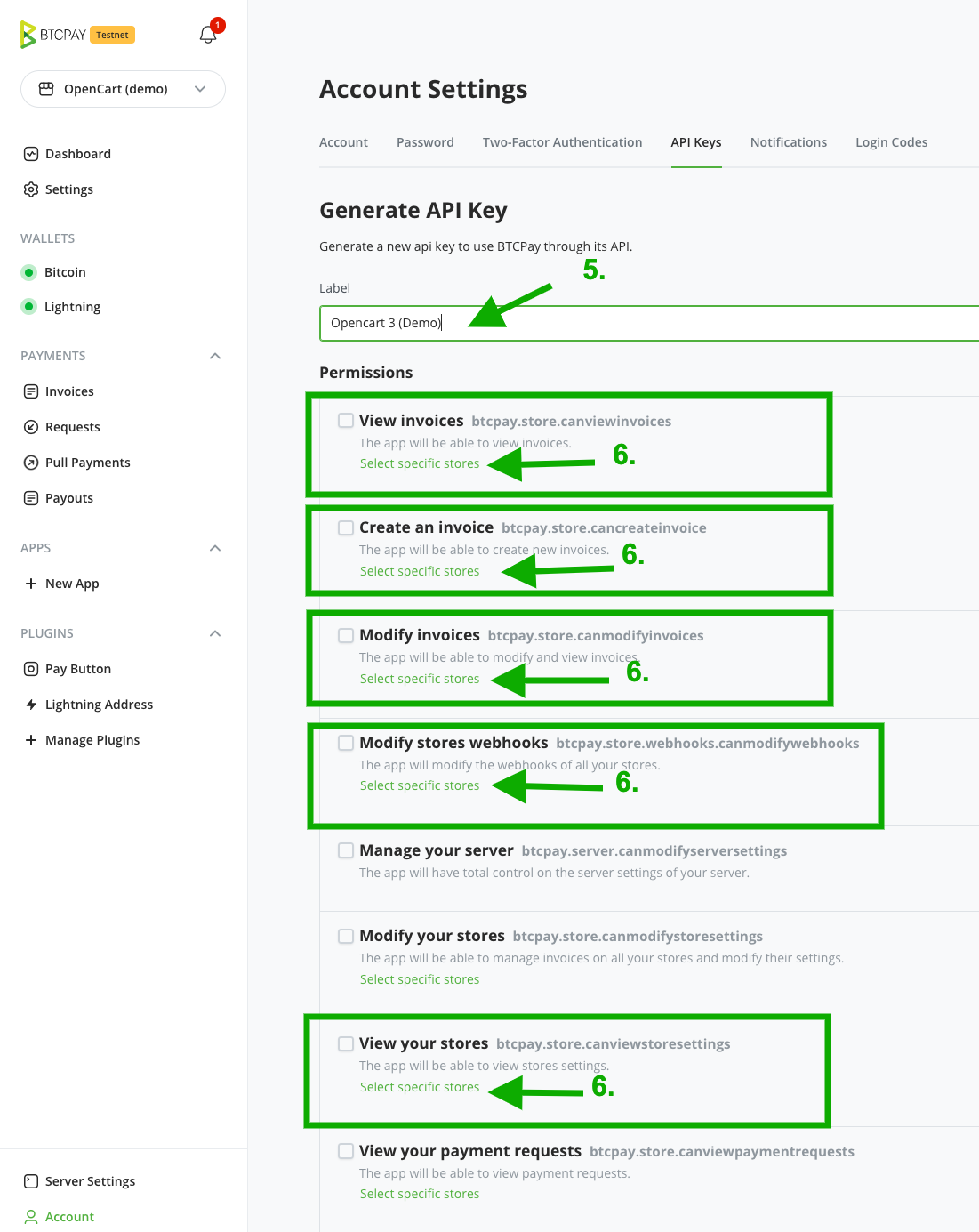 BTCPay OpenCart: API Keys Permissions