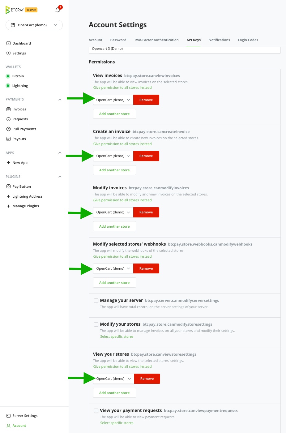 BTCPay OpenCart: API Keys Permissions