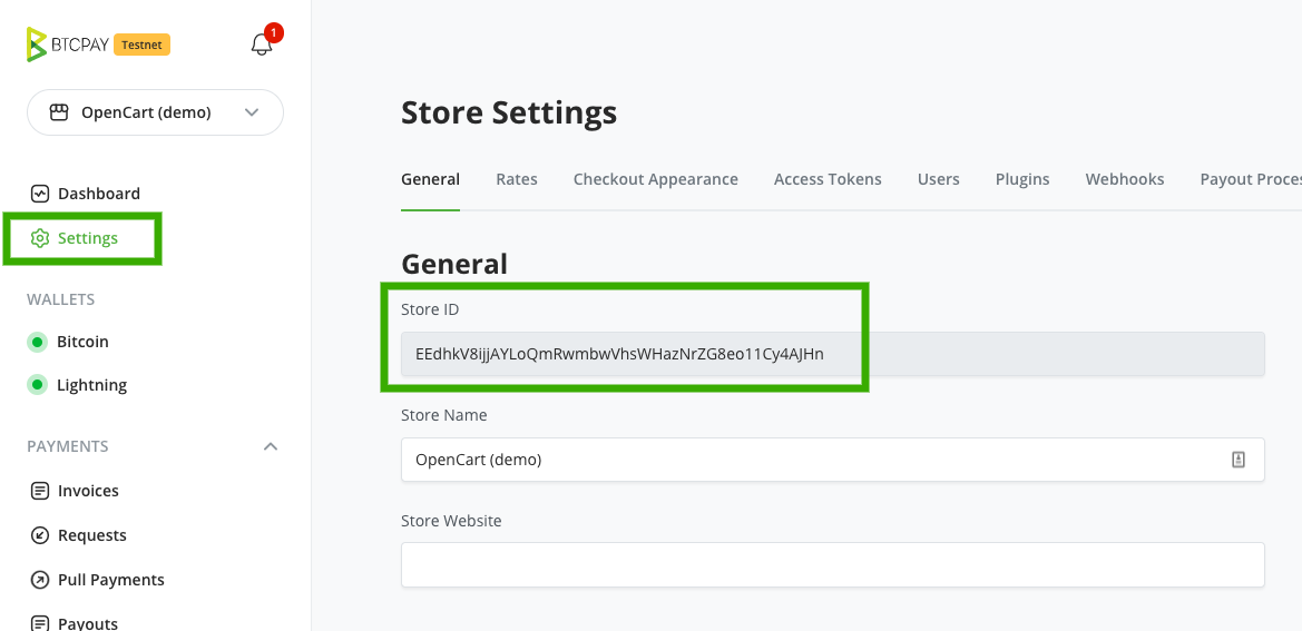 BTCPay OpenCart: Copy Store ID