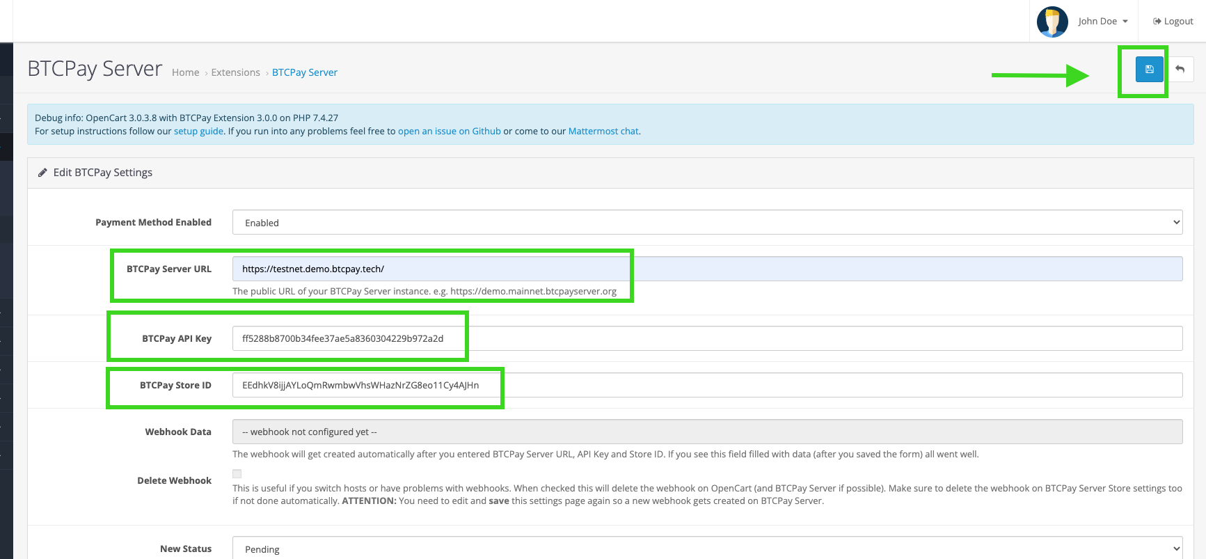 BTCPay OpenCart: Save OpenCart Settings form