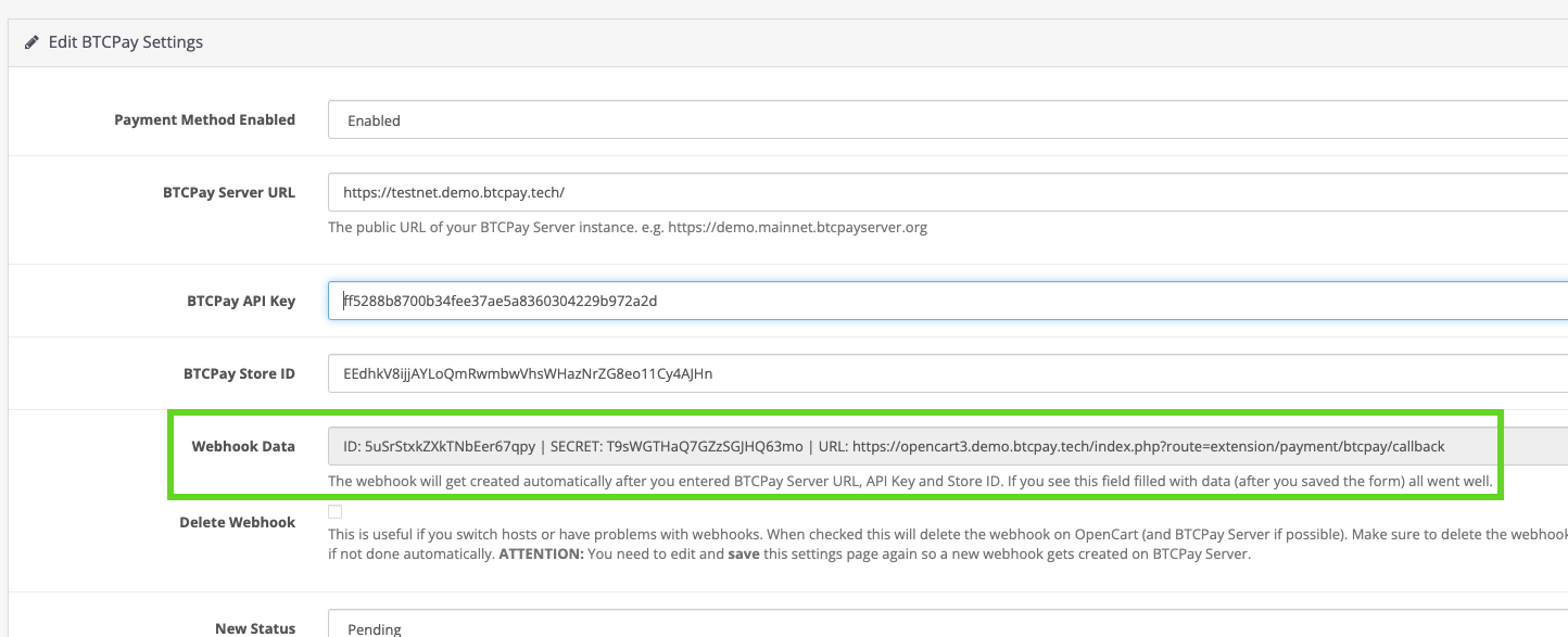 BTCPay OpenCart: Save OpenCart Settings form