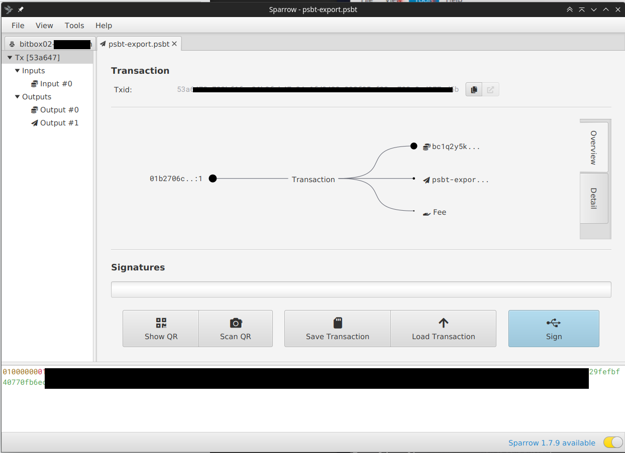 Sparrow wallet: PSBT loaded, ready for signing