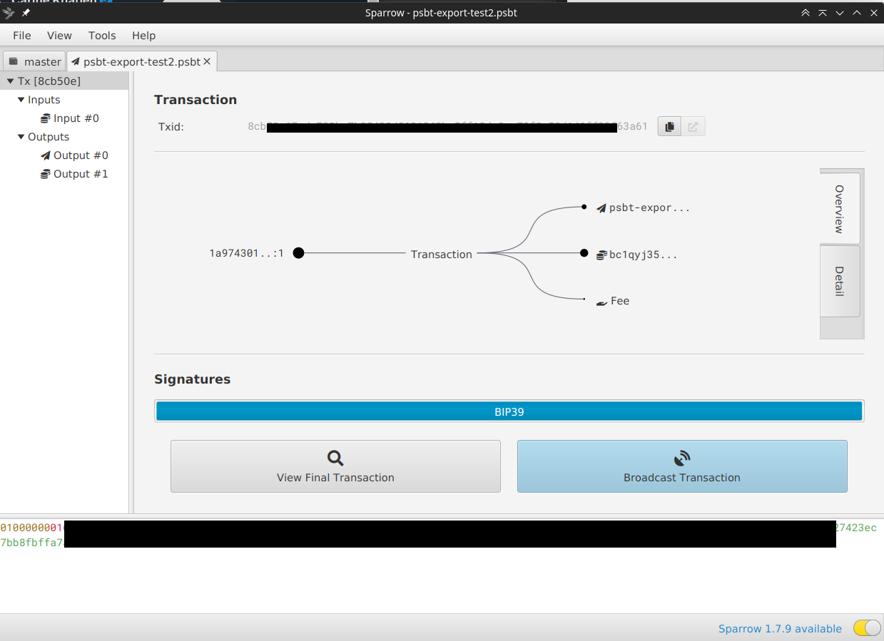 Sparrow wallet: broadcast the transaction